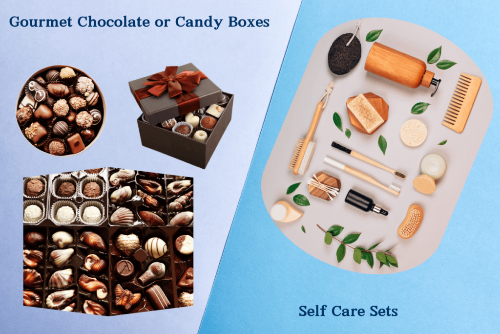 An image showing two gift ideas: gourmet chocolate or candy boxes featuring various assortments of chocolates and candies, and self-care sets including items like a wooden comb, pumice stone, brush, soap bar, toothbrush, and loofah, arranged neatly.