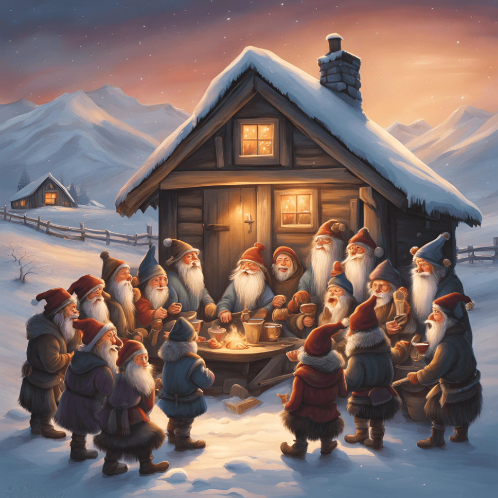 Illustration of Iceland’s 13 Yule Lads, mischievous figures in festive attire, each displaying different playful antics in a snowy Icelandic landscape.