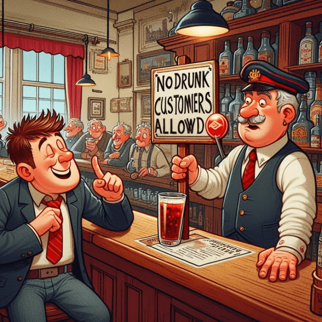 Humorous bar scene with a bartender holding a sign that reads 'NO DRUNK CUSTOMERS ALLOWED,' with patrons enjoying drinks and conversations.