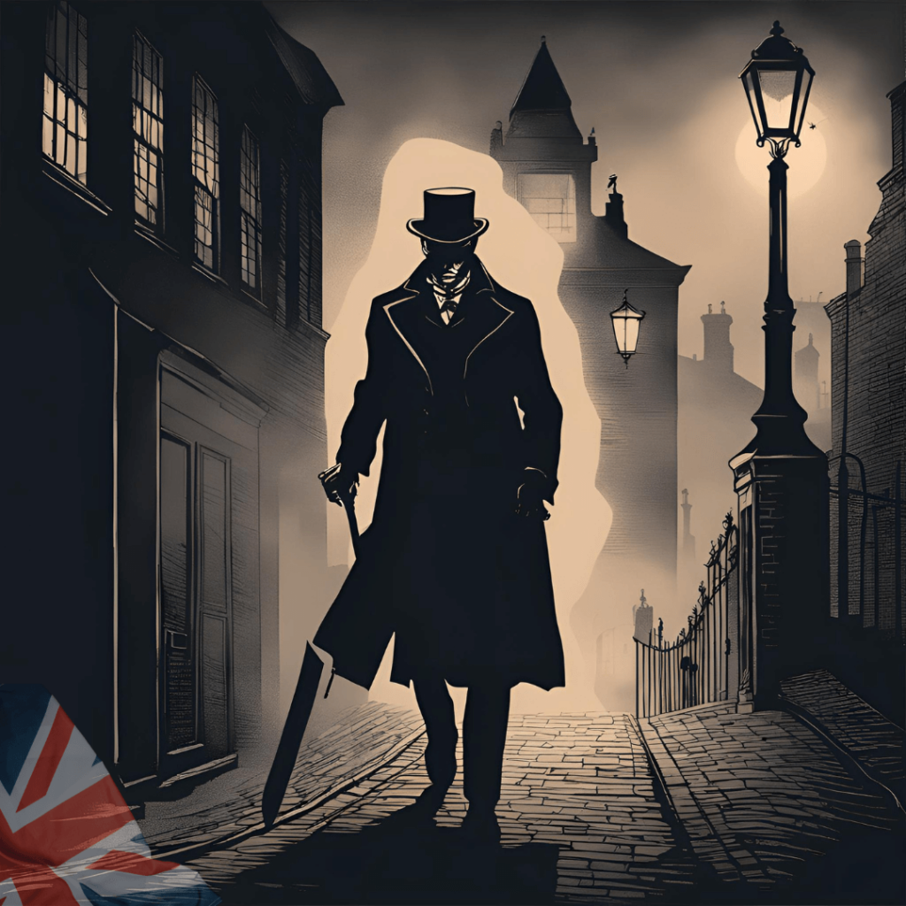 Illustration of a dark, foggy street scene in Victorian-era London, with a mysterious figure wearing a top hat and long coat, holding a cane or weapon. The background shows old buildings with lit windows and street lamps, creating an eerie atmosphere reminiscent of Jack the Ripper.