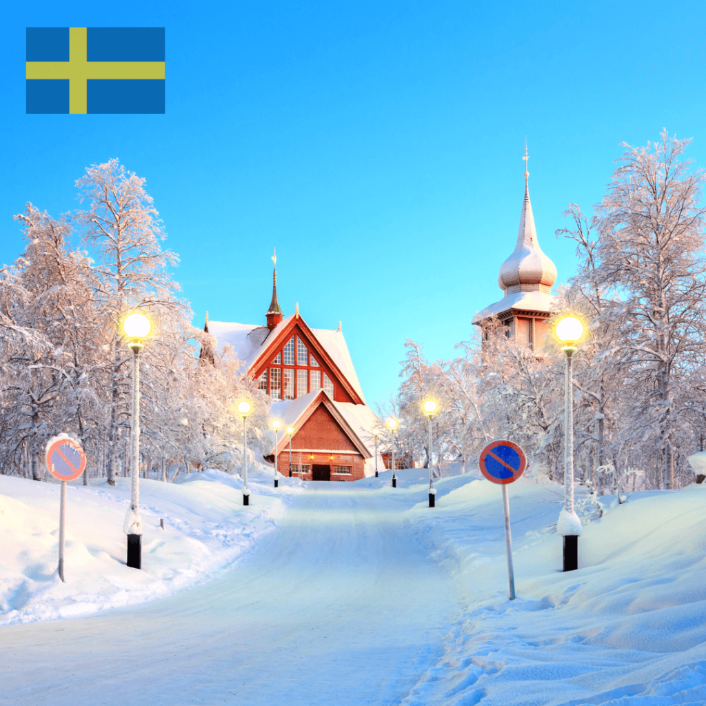 A serene winter landscape in Kiruna, Sweden, featuring snow-covered houses and the backdrop of the northern lights illuminating the night sky.