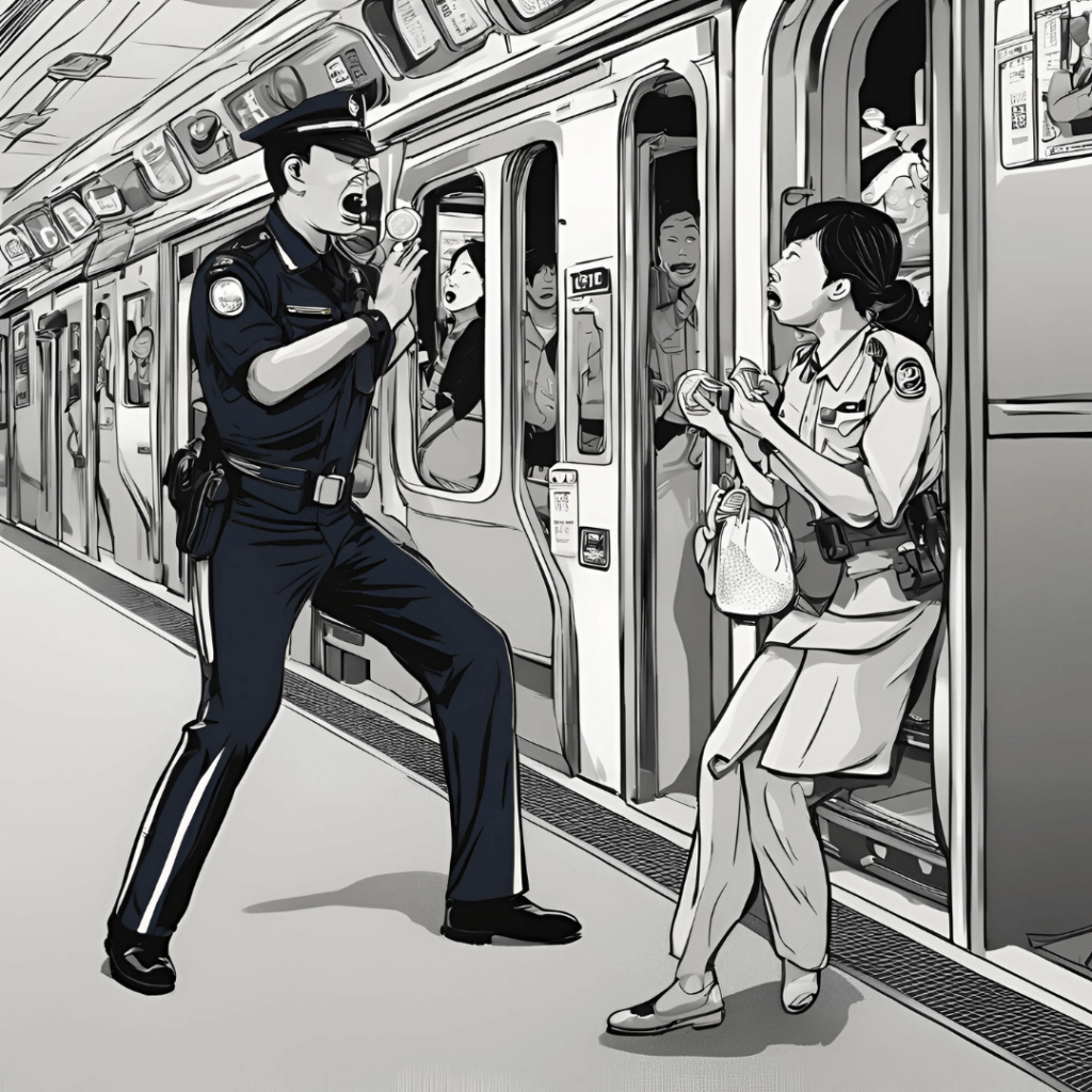 illustration of a confrontation of a policeman and a passenger on a subway station signifying the "no chewing gum" law of Singapore