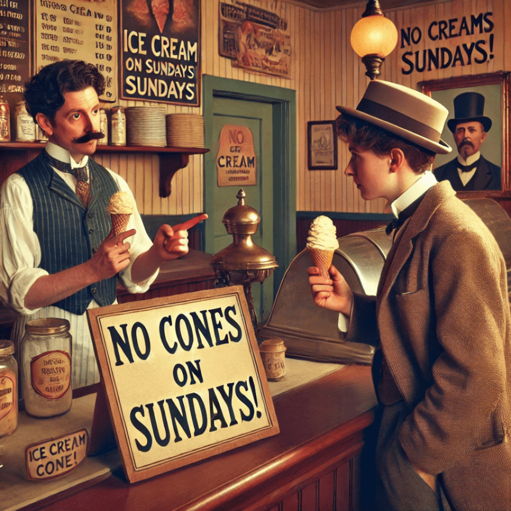 Old-fashioned US ice cream parlor from the early 1900s with a sign reading 'NO CONES ON SUNDAYS!' 