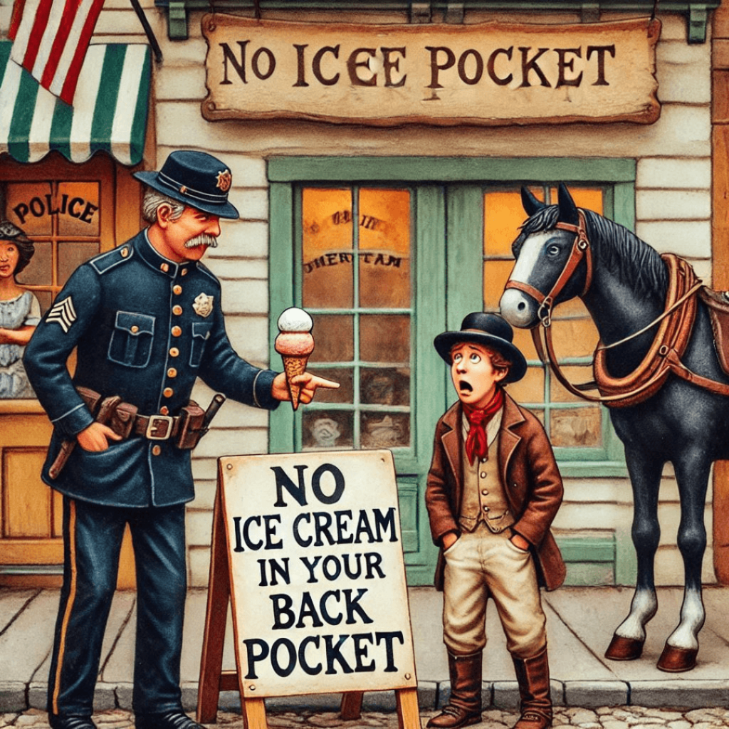 Illustration of a police officer pointing to a sign that says 'No Ice Cream in Back Pocket,' with a person nearby showing an ice cream in their back pocket.