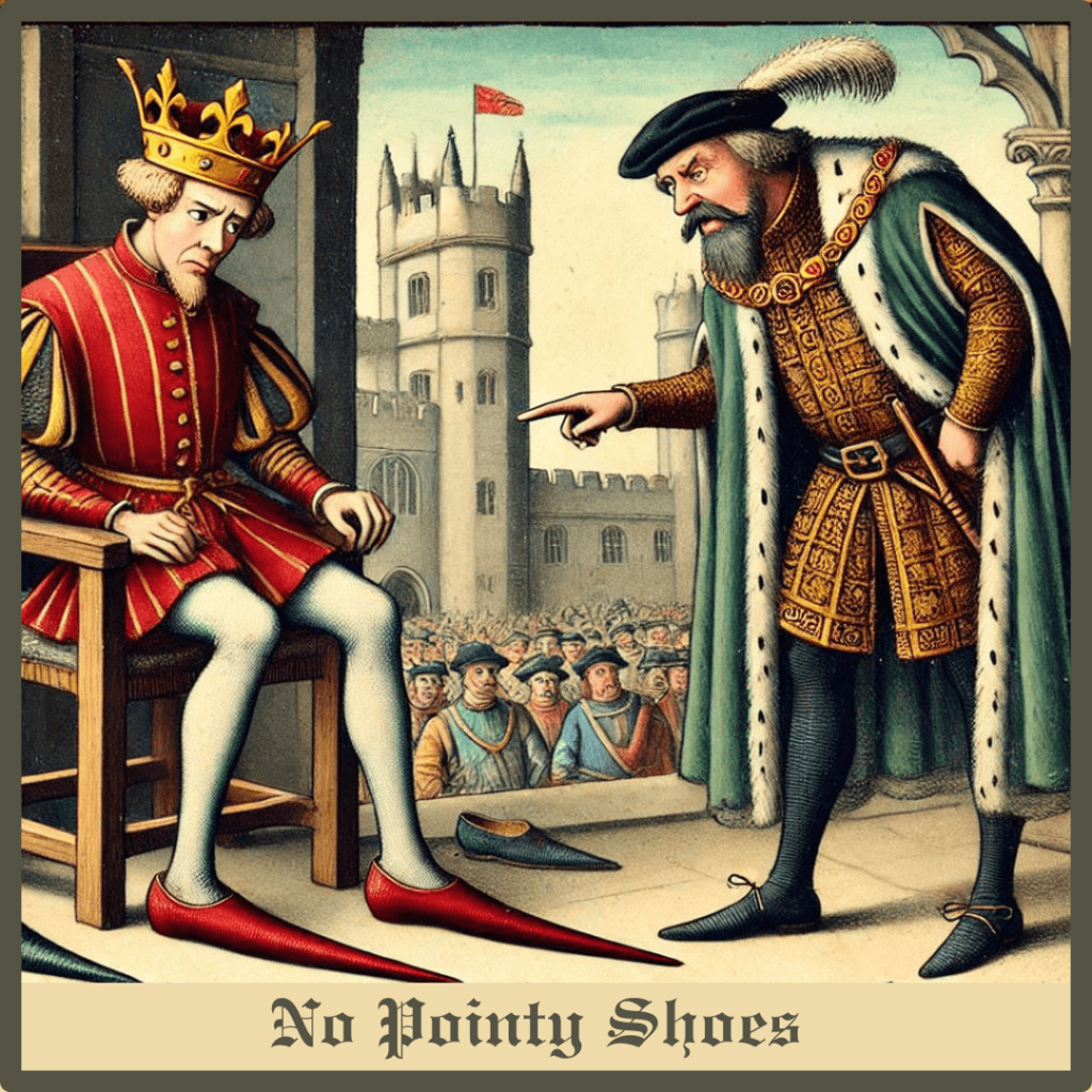 Medieval scene with a king wearing exaggeratedly pointy shoes and a noble pointing at them, with a castle and crowd in the background. Text reads 'No Pointy Shoes.