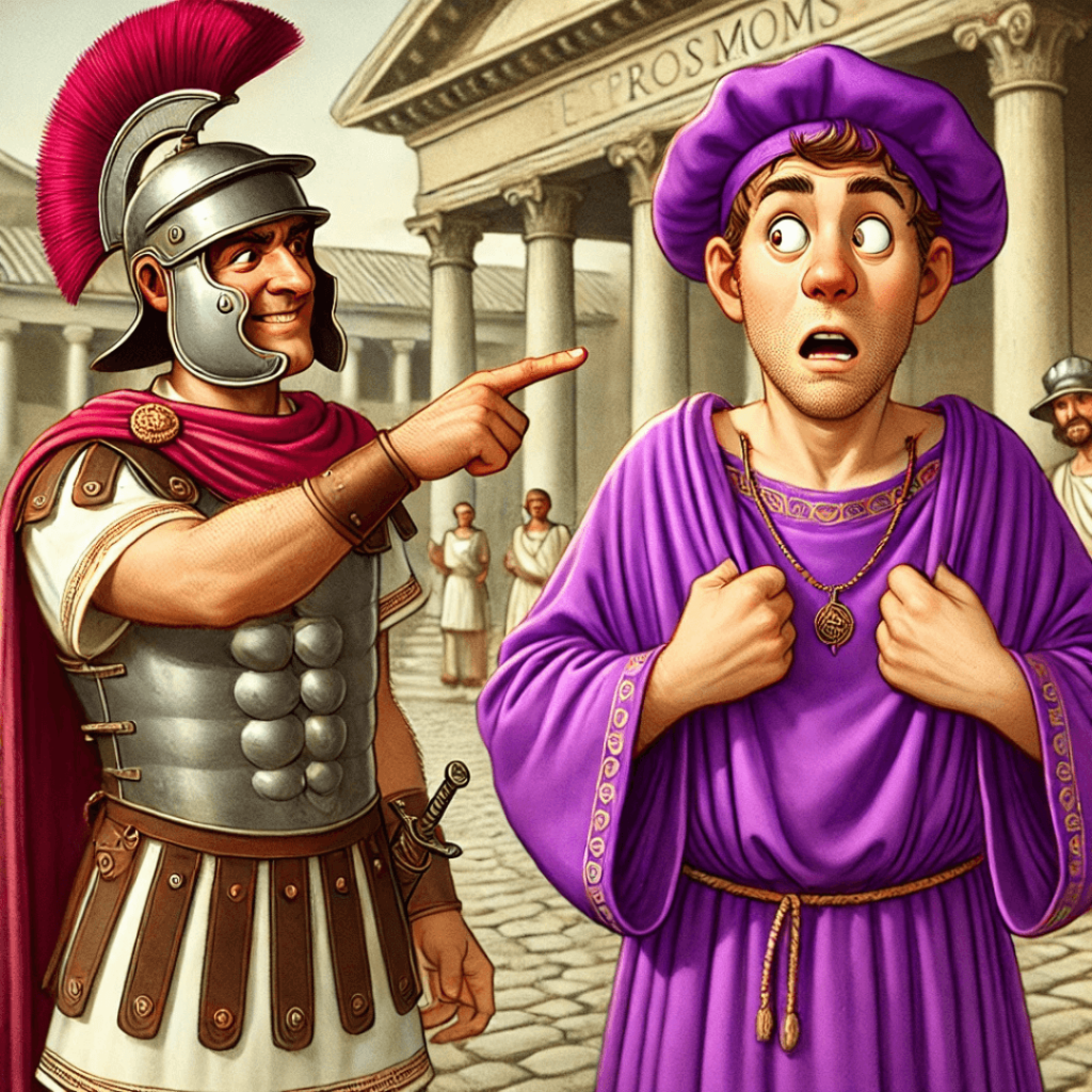 An illustration of a Roman soldier confronting a commoner for wearing purple, representing the ancient Roman law against commoners wearing purple.