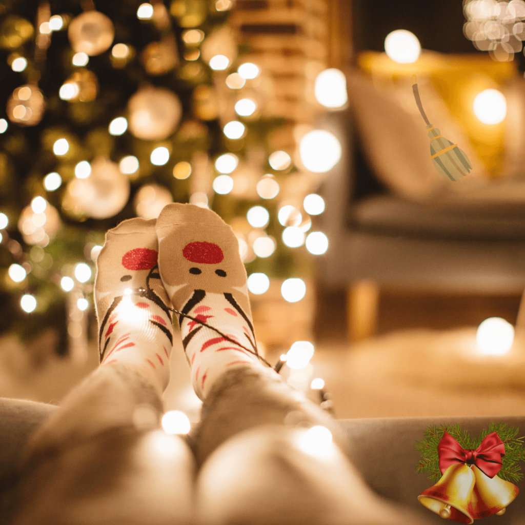 Illustration of Norwegian Christmas tradition, with brooms hidden behind a curtain on Christmas Eve, set in a cozy home decorated for the holidays