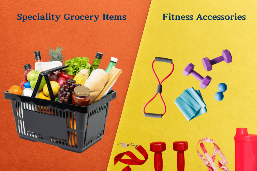 An image showing two gift ideas: specialty grocery items in a basket filled with various fruits, vegetables, bread, and groceries, and Fitness Accessories including dumbbells, resistance bands, massage balls, and a water bottle.