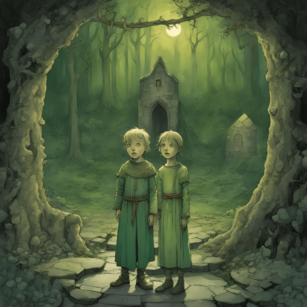 Illustration of the Green Children of Woolpit, depicting two children in medieval-style green robes with brown belts standing on a stone path in a forest clearing, leading to an ancient, moss-covered stone building with an arched doorway, surrounded by tall trees and illuminated by a soft, greenish light.