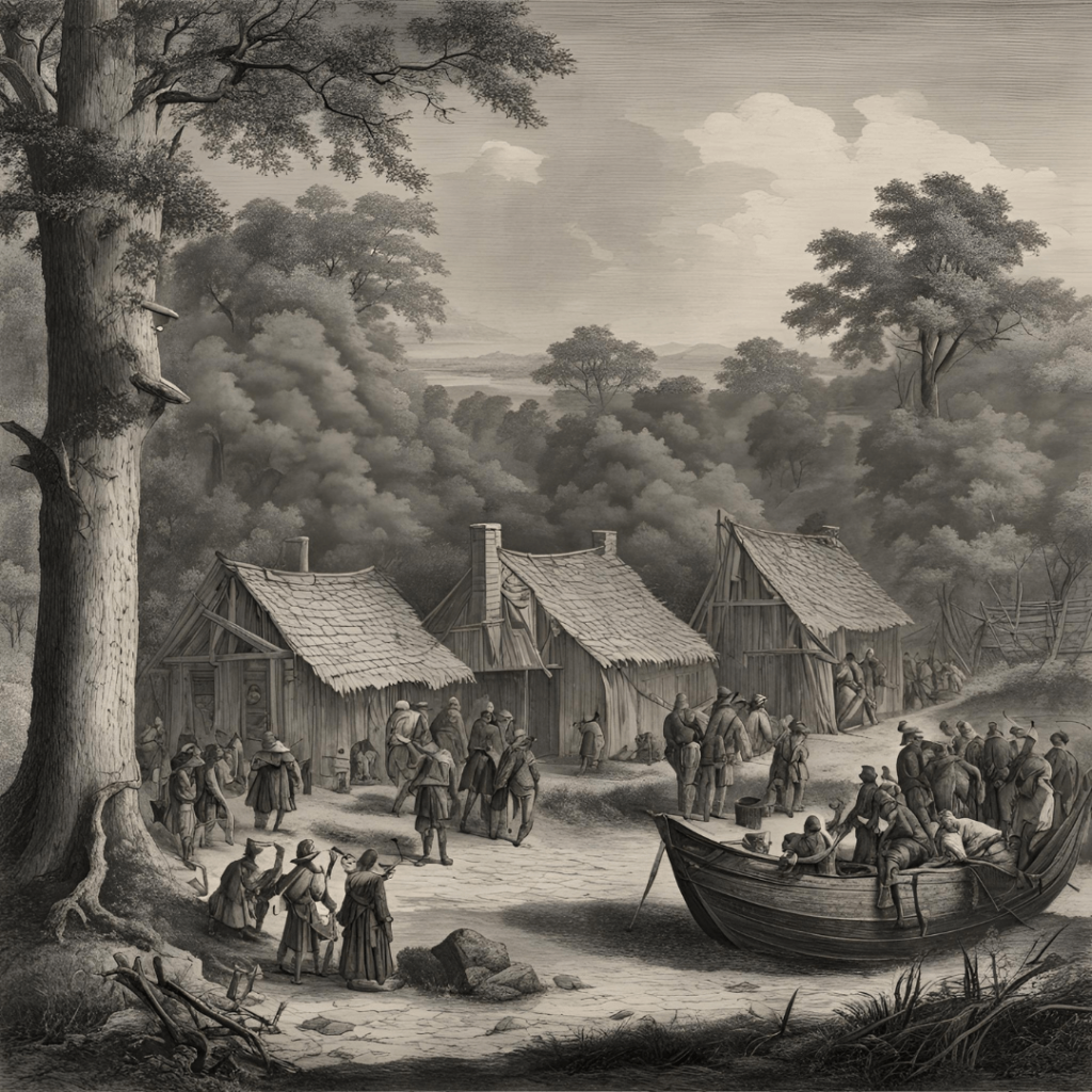 Illustration depicting the Lost Colony of Roanoke, featuring settlers and Native Americans in a coastal settlement with wooden structures and a ship anchored offshore.