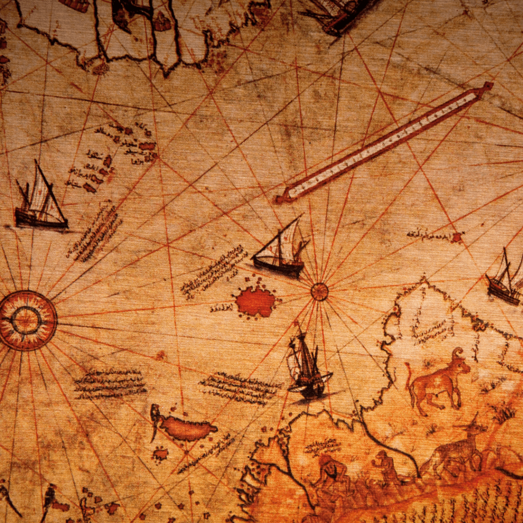 The Piri Reis Map, an early 16th-century world map showing parts of Europe, Africa, and the Americas, intricately detailed with coastal lines, islands, and navigational notes.