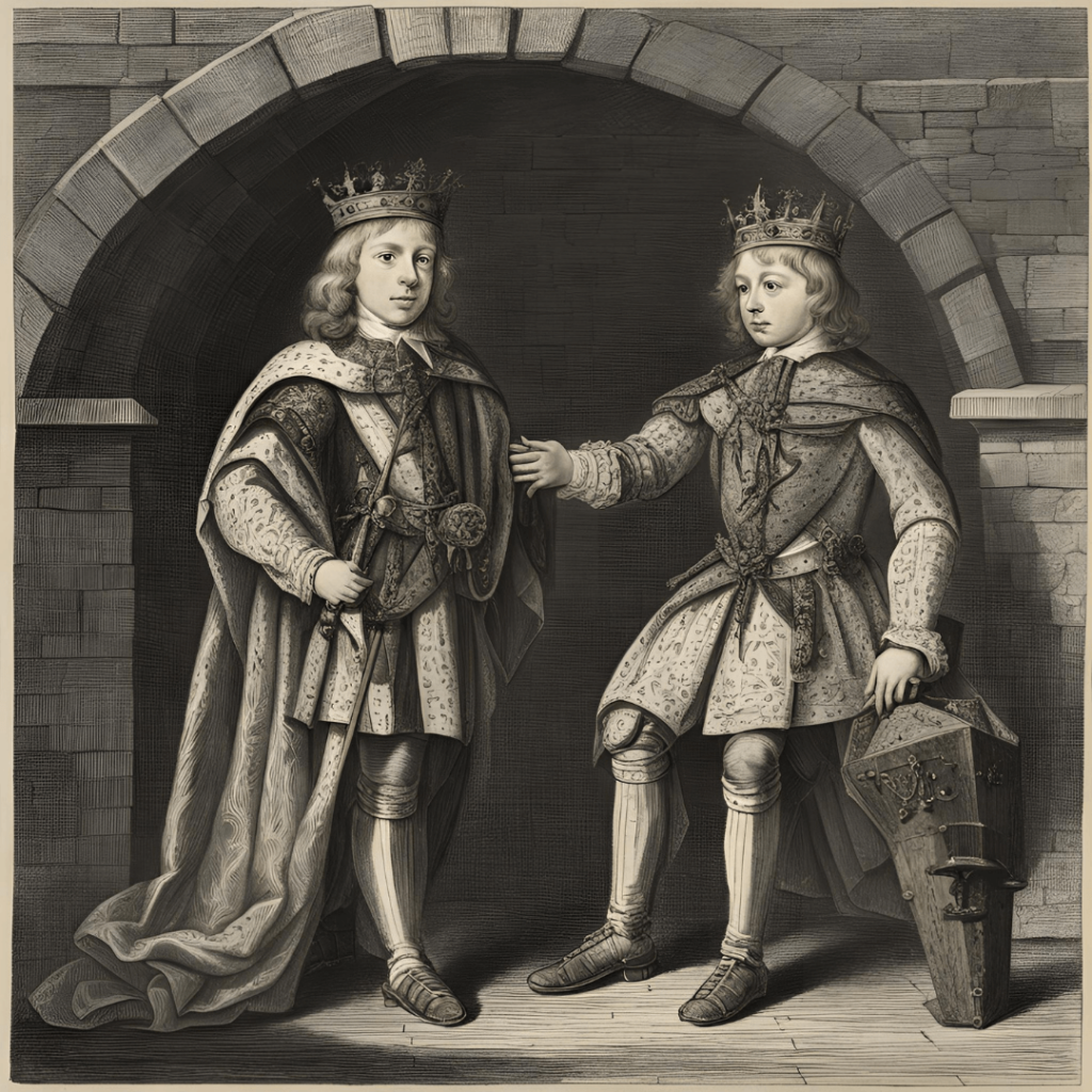 Illustration of the royal princes in the Tower of London, featuring two young boys in regal attire standing under a stone archway. One holds a sword and wears a long cape, while the other extends a hand and holds a shield. Both wear crowns, symbolizing their royal status and historical significance.