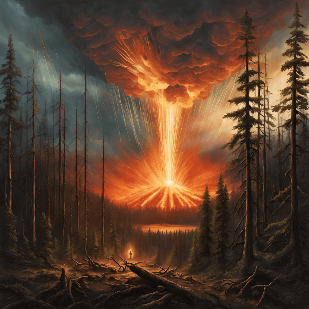 Illustration of the Tunguska event, showcasing a dramatic explosion over a forested area with bright flames, dark clouds, and fallen trees. A person stands on a path observing the intense and chaotic scene.