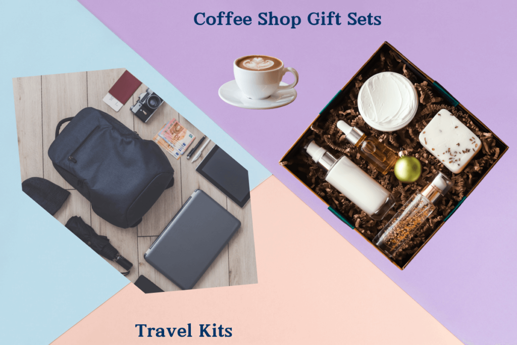 An image showing two gift ideas: 'Coffee Shop Gift Sets' featuring a gift box with containers, a green ornament, small bottles, and a cup of coffee with latte art, and 'Travel Kits' showcasing a backpack, camera, passport, currency notes, pen, notebook, laptop, hat, and gloves