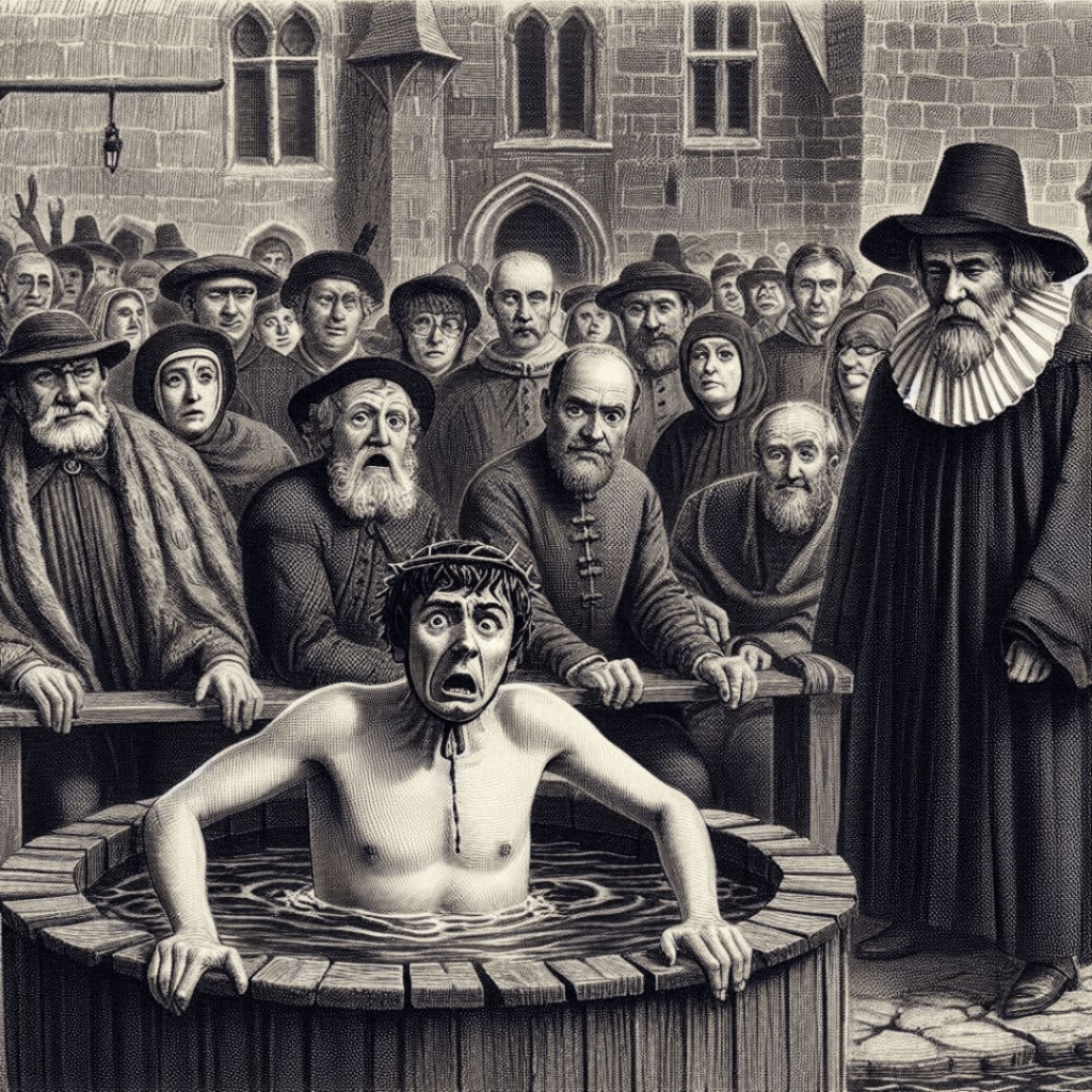 Historical scene of a trial by ordeal for witchcraft, with a person partially submerged in water and a crowd in period clothing observing.