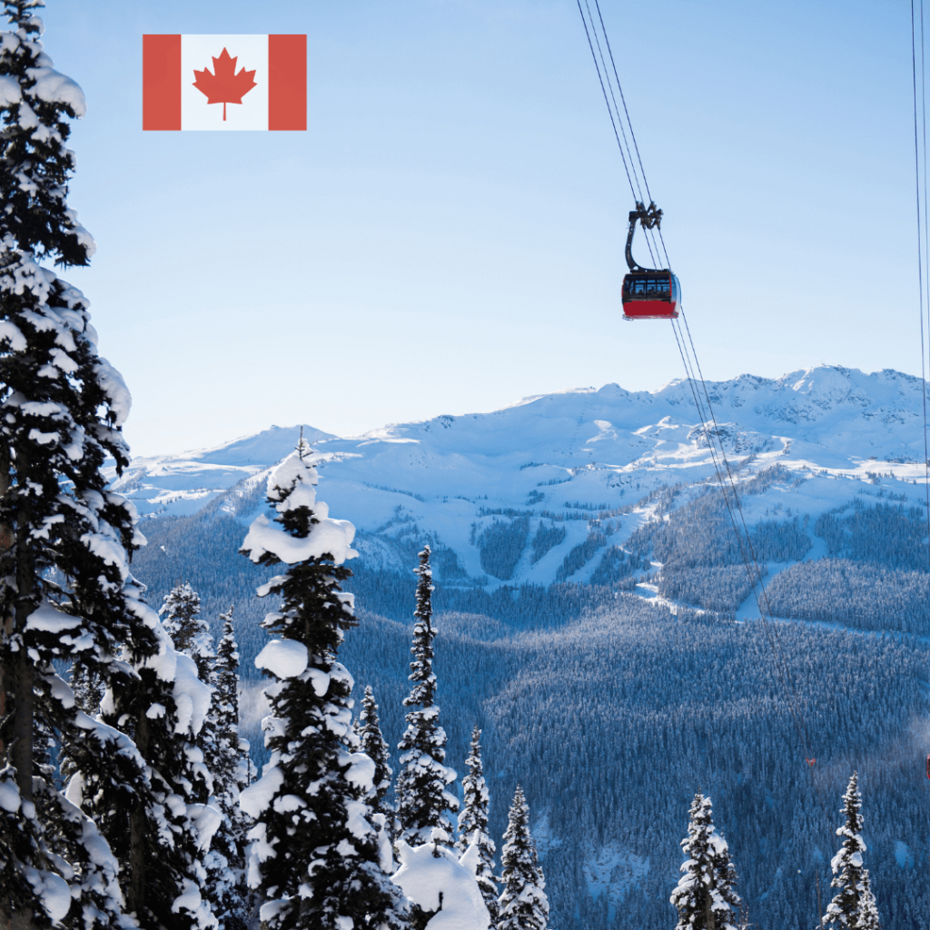 : "A picturesque winter scene in Whistler, Canada, featuring snow-covered mountains, ski slopes, and a cozy village nestled in the valley, known for its world-class skiing and snowboarding.