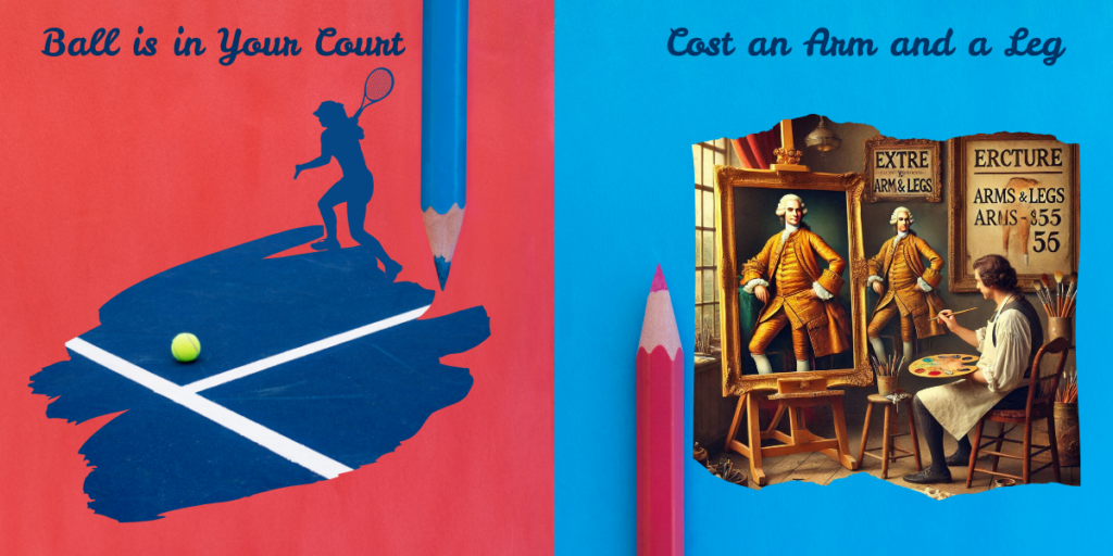 The image is divided into two sections. On the left, with a red background, a blue silhouette of a tennis player hitting a ball is shown with the text 'Ball is in Your Court.' A tennis ball is also placed on the court. On the right, with a blue background, a painter is working on a portrait of a person in historical attire. The text 'Cost an Arm and a Leg' is written above, with signs in the background reading 'EXTRA ARM & LEGS' and 'ARMS 355 56.