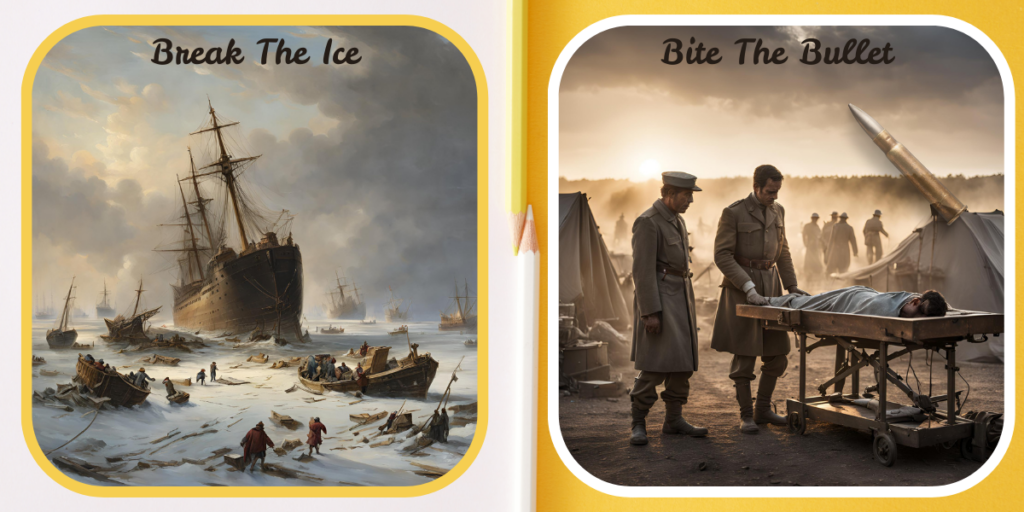 The image is split into two sections. The left side, labeled 'Break The Ice,' shows a dramatic scene of several ships trapped in a vast expanse of ice with crew members working tirelessly to free them. The right side, titled 'Bite The Bullet,' depicts a military camp where two soldiers are standing next to a stretcher carrying a wounded person, highlighting the bravery and resilience of soldiers in difficult situations.