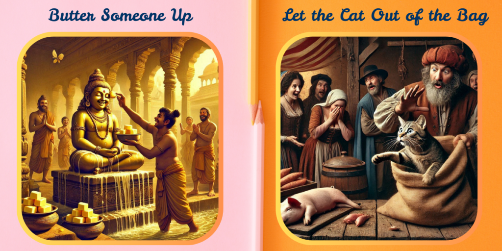 The image is divided into two sections, each illustrating a different idiom. On the left, labeled 'Butter Someone Up,' a person is seen covering a deity statue in butter, with others in the background watching. On the right, captioned 'Let the Cat Out of the Bag,' a scene in a historical marketplace shows a person pulling a cat out of a bag while others look on in surprise.