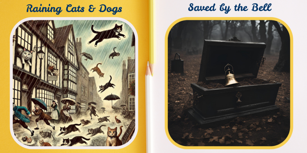 The image is divided into two sections, each depicting a different idiom. On the left side, captioned 'Raining Cats & Dogs,' a town is shown with people holding umbrellas as cats and dogs fall from the sky instead of raindrops. On the right side, labeled 'Saved by the Bell,' an eerie forest scene is illustrated with an open coffin that has a bell attached to it, emphasizing the literal meaning of the phrase.