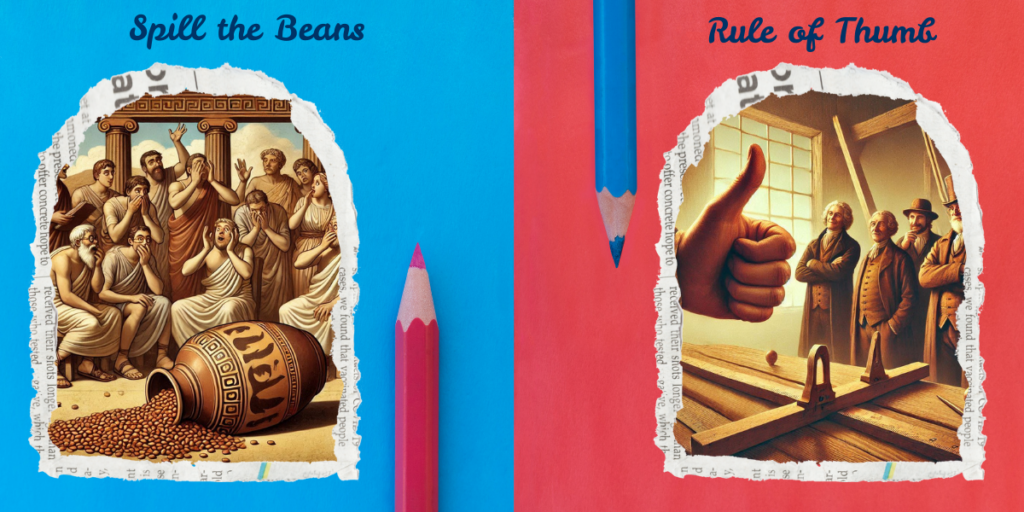 The image is divided into two sections, each illustrating a different idiom. On the left side, captioned 'Spill the Beans,' an ancient Greek scene shows people reacting with surprise as a large jar labeled 'Beans' tips over, spilling its contents. On the right side, labeled 'Rule of Thumb,' a large thumbs-up gesture is depicted in the foreground, with people in old-fashioned clothing and a wooden measuring tool on a table, highlighting the origin of the idiom