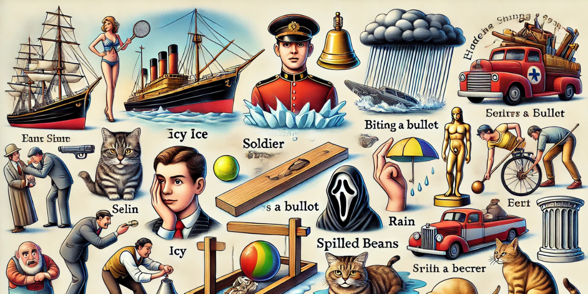 A vibrant collage featuring illustrations of various idioms and sayings. Key visuals include a tennis player, a ship trapped in ice, a soldier in a cold environment, and an old-fashioned ambulance. Other elements in the image consist of a person holding an umbrella in the rain, a golden statue, a cyclist, and a cat. This visual representation captures the essence of uncovering the historical and cultural origins of common phrases, making it a fitting feature for the article titled 'The Hidden History Behind Common Sayings and Idioms